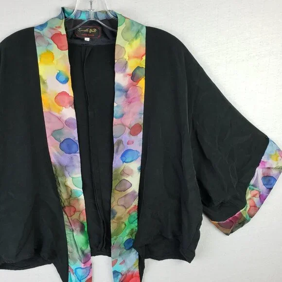 Invisible World Alaska Kimono Jacket 100% Silk Hand Painted Black size M Relaxed - Picture 4 of 14